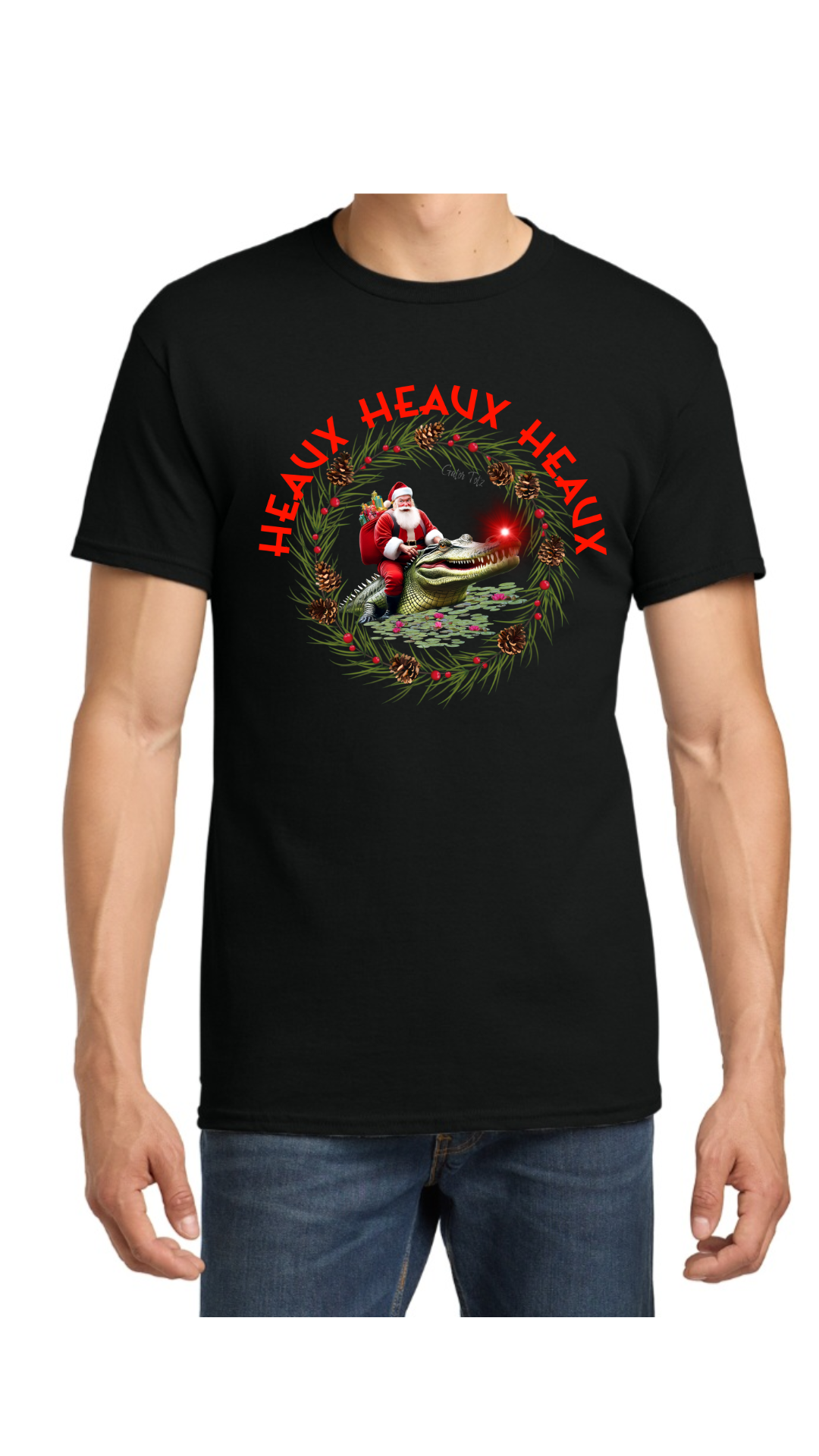 Black t-shirt with a graphic design featuring Santa Claus Riding a Gator.