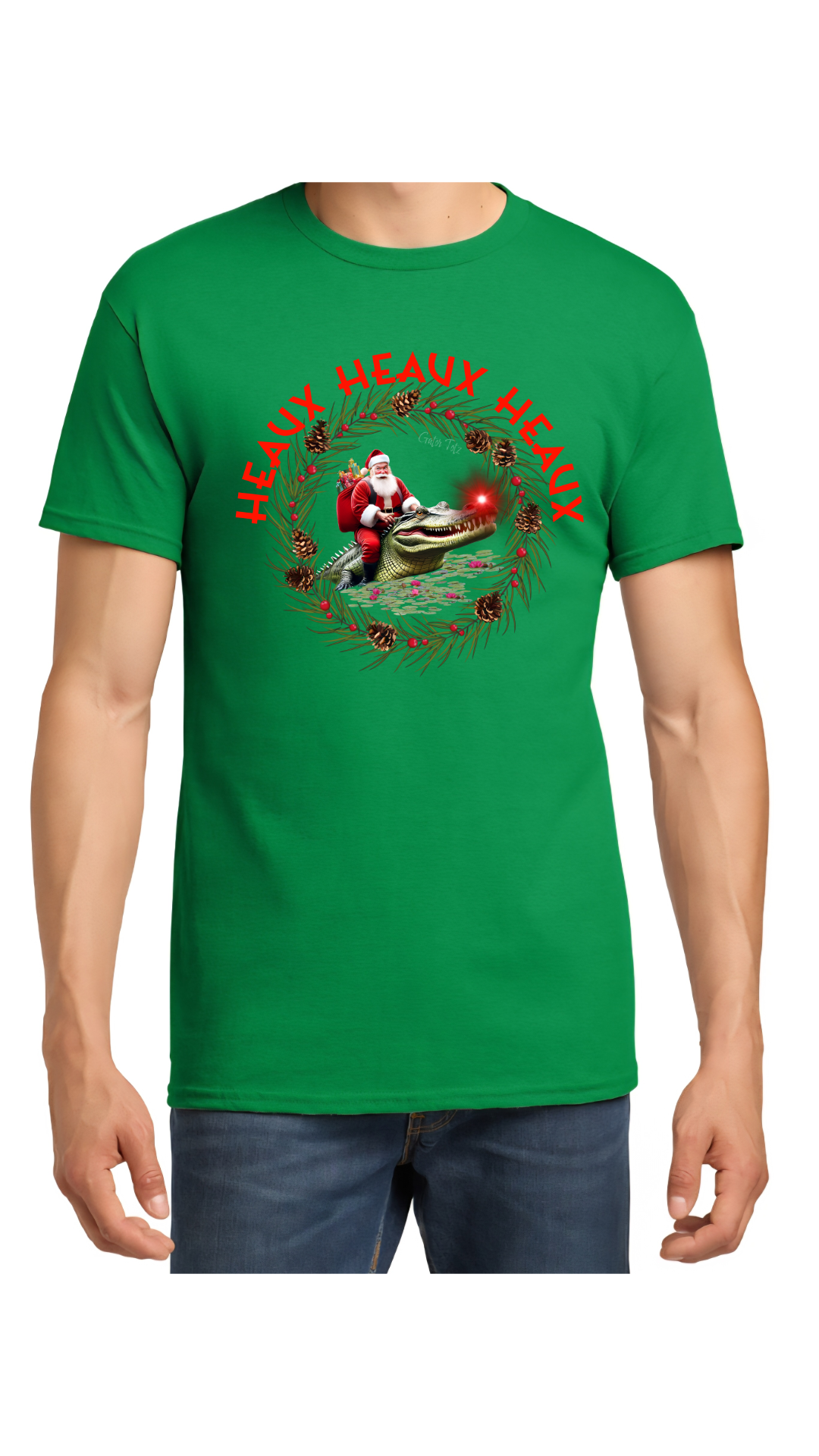 Green t-shirt with a graphic design featuring Santa Claus Rising a Gator.