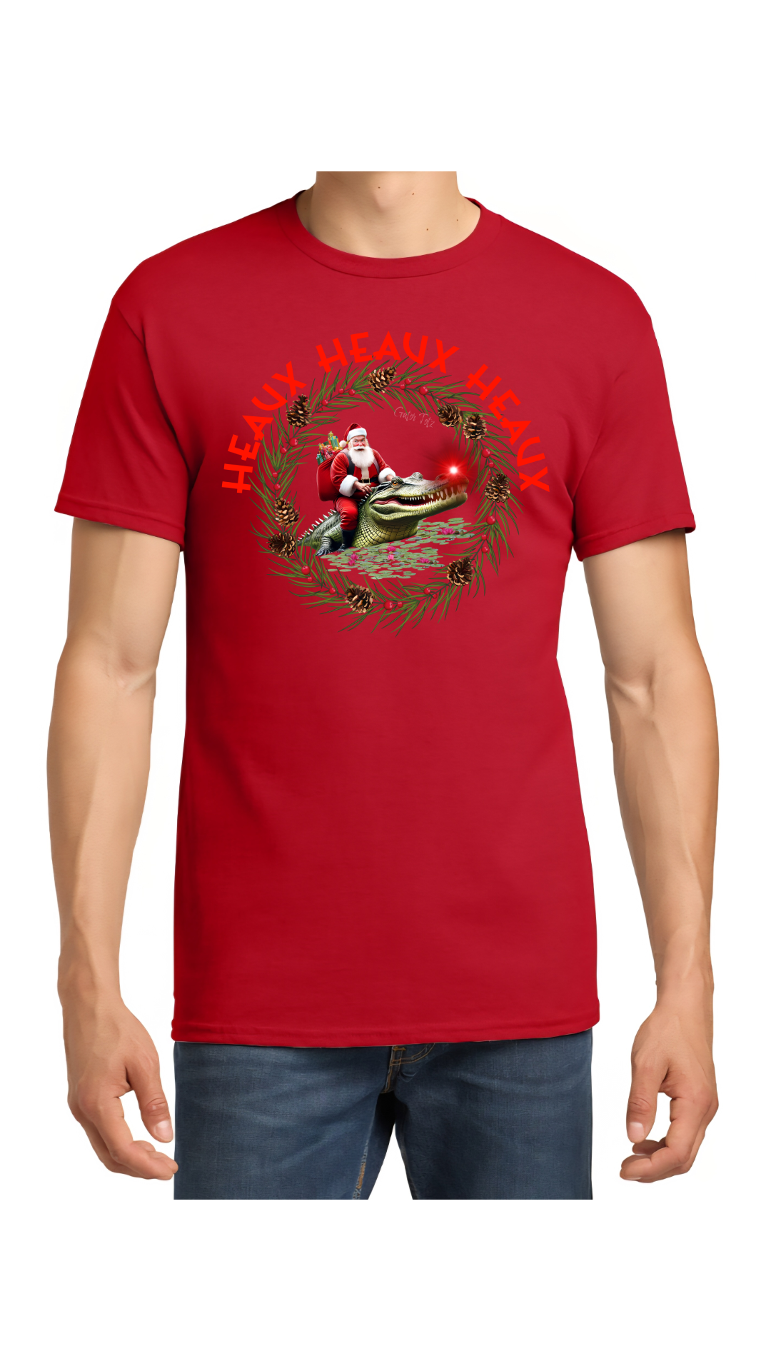 Red t-shirt with a graphic design of Santa Claus riding a Gator.